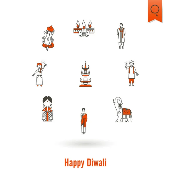 Diwali. Indian Festival Icons — Stock Vector