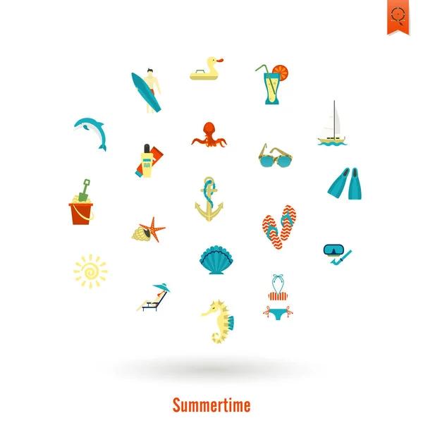 Sommer und Strand einfache flache Symbole — Stockvektor