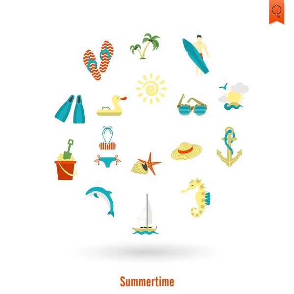 Verano y playa simples iconos planos — Vector de stock