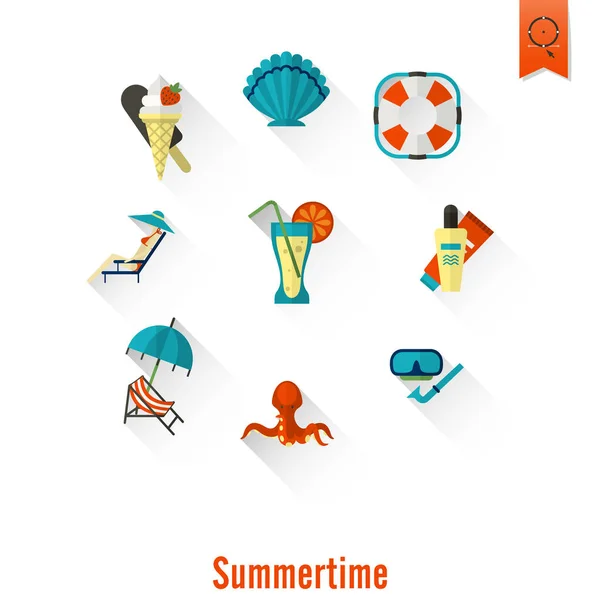 Letní a plážové jednoduché ploché ikony — Stockový vektor
