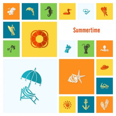 Yaz ve plaj basit düz simgeler