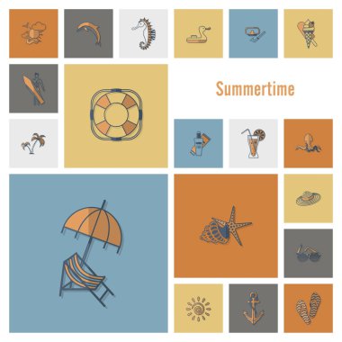 Yaz ve plaj basit düz simgeler