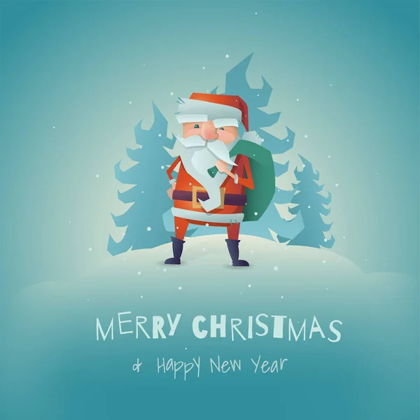 Cartoon characters vector illustration with stylized Santa Claus with a bag of gifts on a hill in a snowy forest. Silhouettes of pine trees on blue background. Merry Christmas theme. — Stock Vector