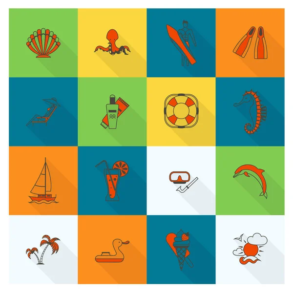 Verano y playa simples iconos planos — Vector de stock