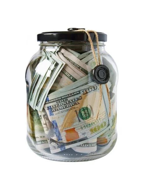 Δολάρια σφραγίζονται με κερί σφράγισης σε ένα γυάλινο βάζο Απομονωμένο σε λευκό φόντο Εικόνα Αρχείου