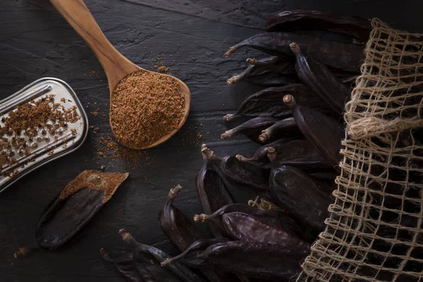 Carob Pods Jute Sack Make Flour Artisanal Way Small Scratcher — Stock Photo, Image