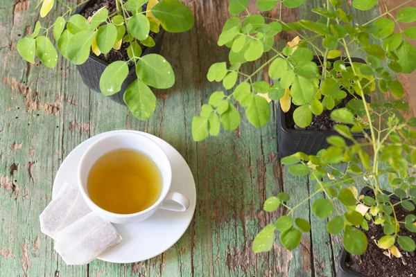 Moringa 'nın yeşil ahşap arka planda beyaz bardağa doldurulması - Moringa Oleifera