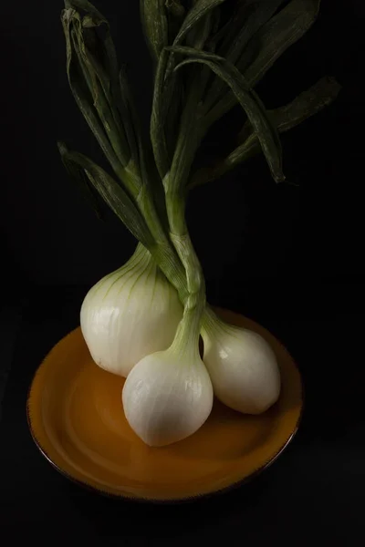 Three Onions Mustard Colored Bowl Black Background — Stock Photo, Image