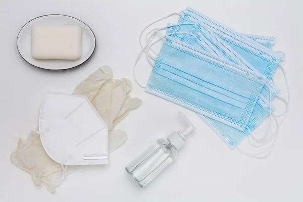 Surgical Masks Disinfectant Gel Gloves Soap Prevent Coronavirus All White — Stock Photo, Image