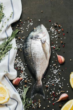 Tuz, biber, aromatik otlar ve sebzelerin vintage koyu arka plan üzerine taze balık .