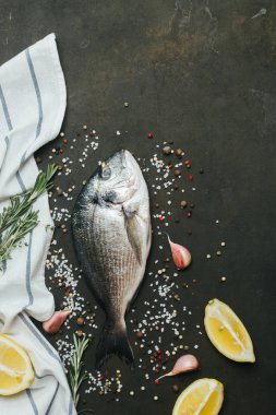 Tuz, biber, aromatik otlar ve sebzelerin vintage koyu arka plan üzerine taze balık .