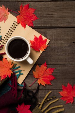 Sonbahar yaprakları ve bir fincan kahve ile ekose eski vintage ahşap arka plan üzerinde.