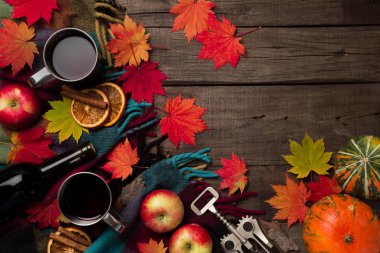 Sonbahar yaprakları, iki bardak şarap, Kırmızı elma ile ekose eski vintage ahşap arka plan üzerinde.