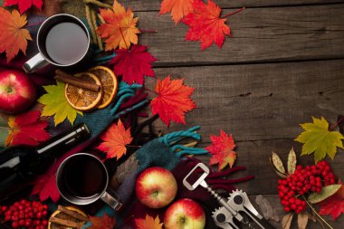 Sonbahar yaprakları, iki bardak şarap, Kırmızı elma ile ekose eski vintage ahşap arka plan üzerinde.