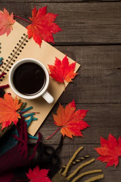 Sonbahar yaprakları ve bir fincan kahve ile ekose eski vintage ahşap arka plan üzerinde.