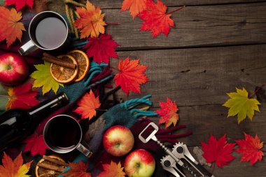 Sonbahar yaprakları, iki bardak şarap, Kırmızı elma ile ekose eski vintage ahşap arka plan üzerinde.