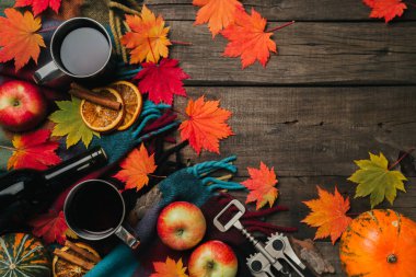 Sonbahar yaprakları, iki bardak şarap, Kırmızı elma ile ekose eski vintage ahşap arka plan üzerinde.