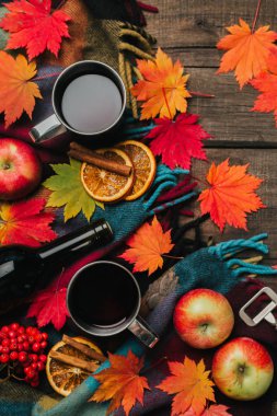 Sonbahar yaprakları, iki bardak şarap, Kırmızı elma ile ekose eski vintage ahşap arka plan üzerinde.