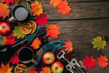 Sonbahar yaprakları, iki bardak şarap, Kırmızı elma ile ekose eski vintage ahşap arka plan üzerinde.