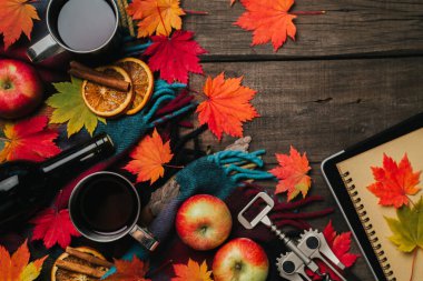 Sonbahar yaprakları, iki bardak şarap, Kırmızı elma ile ekose eski vintage ahşap arka plan üzerinde.