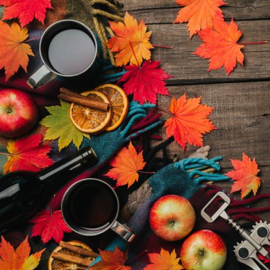 Sonbahar yaprakları, iki bardak şarap, Kırmızı elma ile ekose eski vintage ahşap arka plan üzerinde.