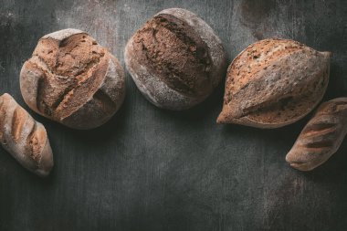 Çeşitli seçim düz-lay ekmek. Tahıllı rustik ekmek gri arka plan üzerine. Görünümü en çok, uzay kopyalayın. Yatay kompozisyon