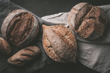 Düz-lay çeşitli ekmek seçimi. Mutfak havlu gri arka plan, üstten görünüm, kopya alanı tahıllı rustik ekmek