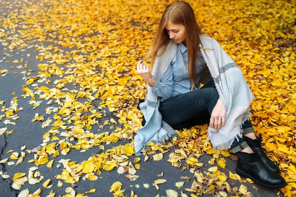 Retrato de una chica hermosa, dulce y alegre que camina en el parque en temporada de otoño — Foto de Stock