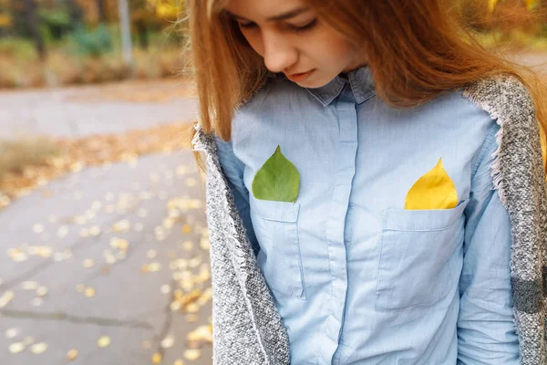 一个美丽 开朗的女孩 谁在秋季散步公园的肖像 温暖的秋天 橙色的叶子 — 图库照片