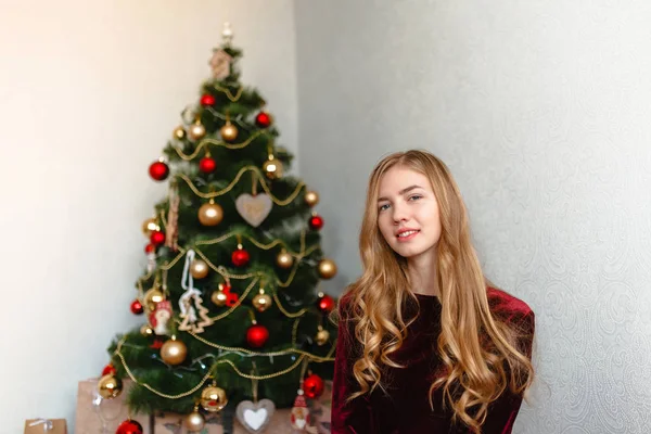 Retrato Uma Rapariga Uma Rapariga Sorrir Menina Celebra Natal — Fotografia de Stock