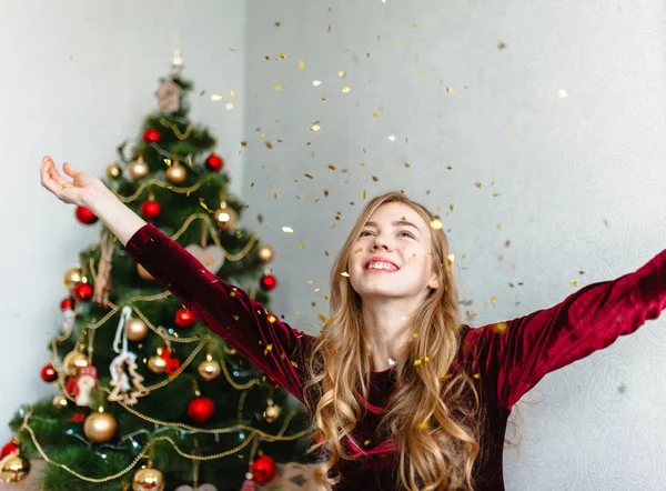 Retrato Una Chica Chica Sonriendo Chica Celebra Navidad — Foto de Stock