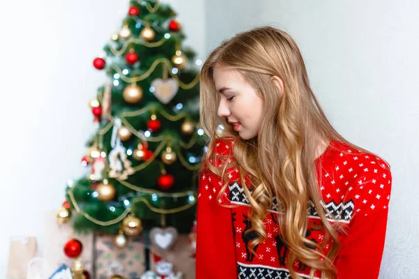 Retrato Uma Rapariga Uma Rapariga Sorrir Menina Celebra Natal — Fotografia de Stock