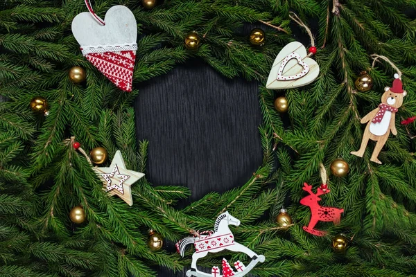 Christmas Background Black Background Real Tree Background Text Christmas Toys — Stock Photo, Image