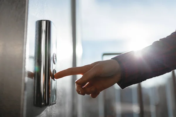 Thumb Presses Elevator Button Hand Reaching Button Girl Waiting Elevator — Stock Photo, Image