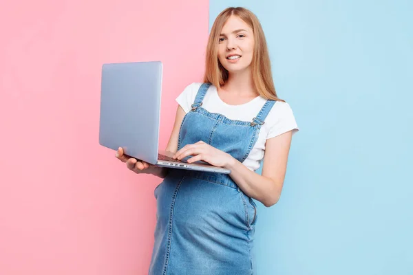 Mujer Embarazada Sonriente Usando Una Computadora Portátil Fondo Rosa Azul —  Fotos de Stock