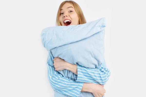 Portrait Happy Beautiful Girl Dressed Homemade Pajamas Holding Pillow Looking — Stock Photo, Image