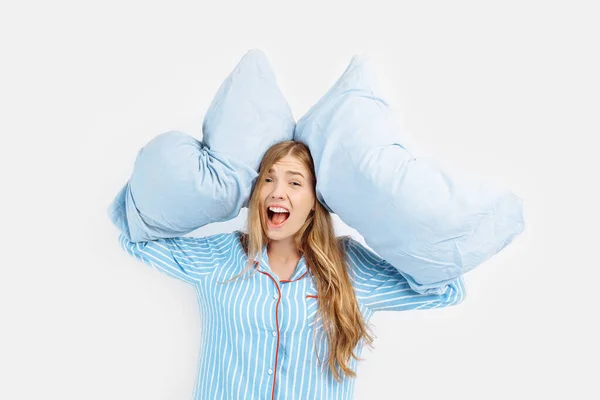 Beautiful Annoyed Young Girl Homemade Pajamas Pillow Suffering Insomnia White — Stock Photo, Image