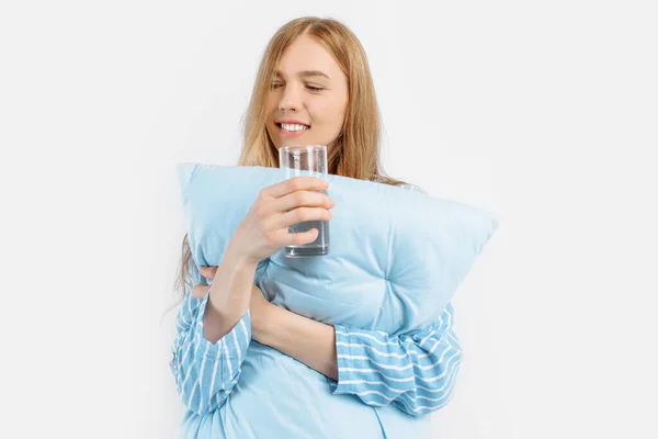 Young Beautiful Woman Dressed Pajamas Standing Pillow Holding Glass Water — Stock Photo, Image