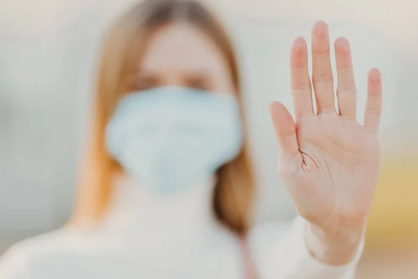 Woman Protective Sterile Medical Mask Her Face Looks Camera Open — Stock Photo, Image