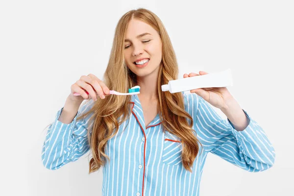 Portrait Cute Beautiful Girl Pajamas Holding Tube Toothpaste Isolated White — Stock Photo, Image