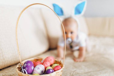 Tavşan kulaklı sevimli bebek evde kanepenin üzerinde paskalya yumurtalarıyla sepete doğru sürünüyor.