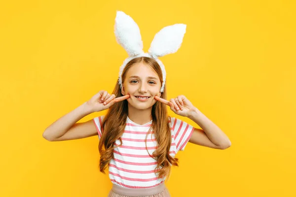 Happy Little Beautiful Girl Her Head Rabbit Ears Posing Yellow — Stock Photo, Image