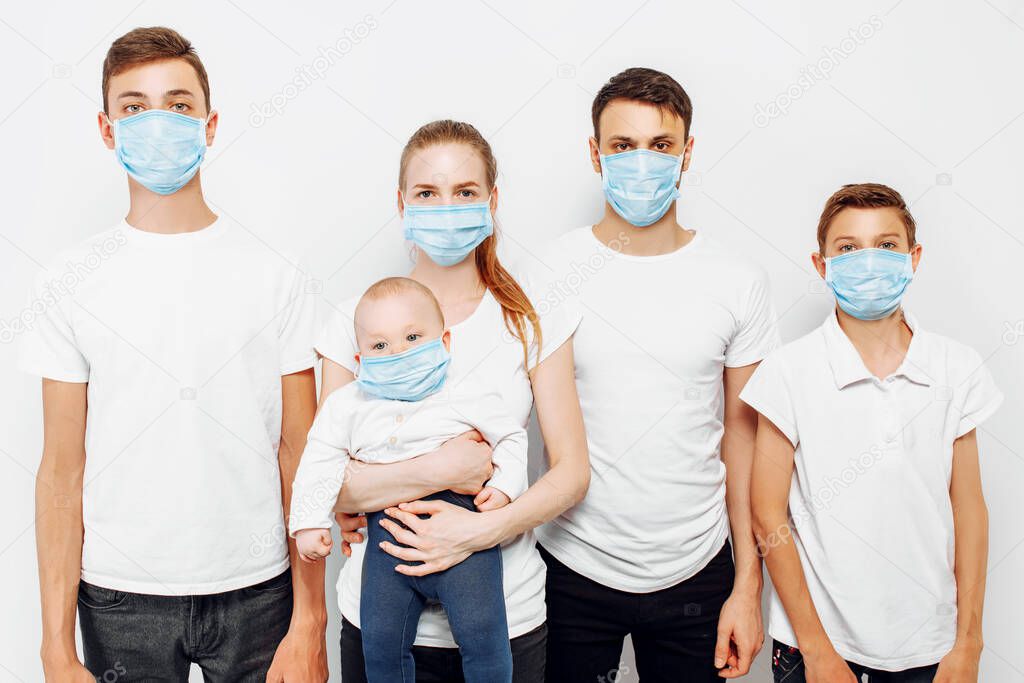 Family parents and children wear medical masks to prevent infection, airborne respiratory disease, coronavirus isolated on a white background