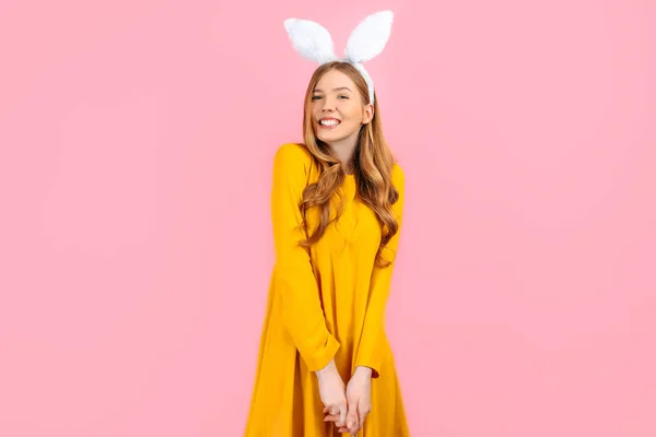 Sezon Świąteczny Królików Jaj Szczęśliwy Stylowa Kobieta Easter Bunny Uszy — Zdjęcie stockowe