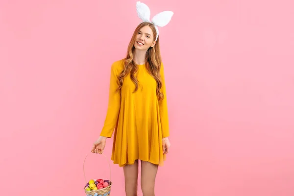 Happy Easter Beautiful Happy Young Woman Wears Rabbit Ears Easter — Stock Photo, Image