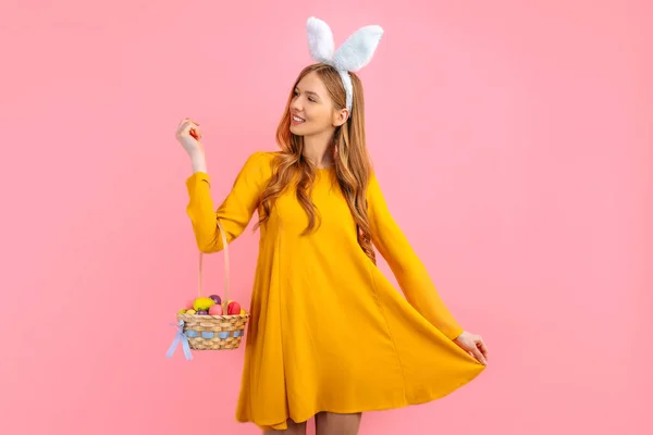 Happy Easter Beautiful Happy Young Woman Wears Rabbit Ears Easter — Stock Photo, Image