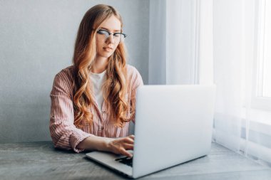 Odaklanmış genç bir kadın evinde oturuyor ve dizüstü bilgisayar kullanıyor. Uzaktan çalışma kavramı