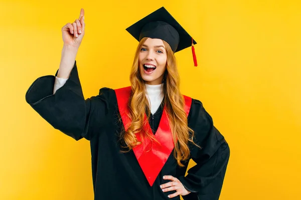 Attractive Graduate Got Great Idea Raises Her Index Finger Eureka — Stock Photo, Image