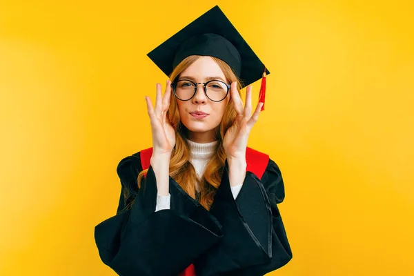 Beautiful Graduate Glasses Vision Squinting Looking Camera Yellow Background — Stock Photo, Image