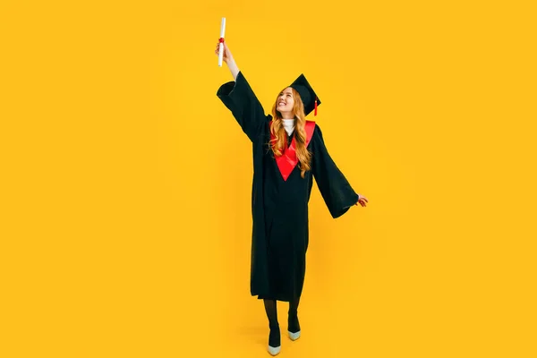 Full Length Happy Beautiful Girl Graduate Happy Have Fun Diploma — Stock Photo, Image